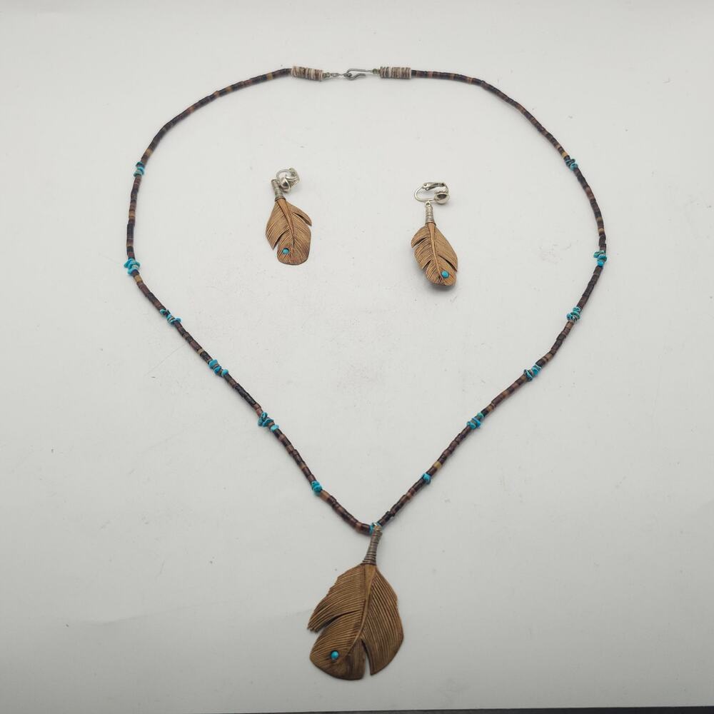 Southwestern Feather Necklace Earrings Dyed Howlite Wood Beaded Clip On Set